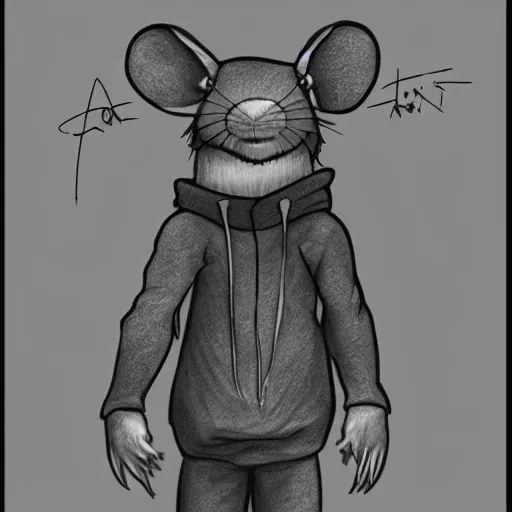 Image similar to a full body shot of a cute rat wearing a hoodie looking into the camera, furry art, furaffinity, deviantart, symmetrical, highly detailed, award winning, trending