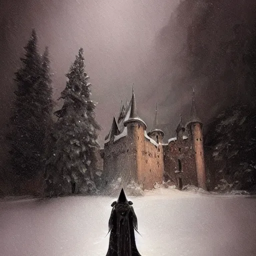 Prompt: paladin knight in a snow storm in front of a castle, Mandy Jurgens