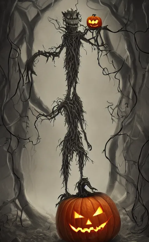 Image similar to fantasy monster concept art, a jack o lantern monster with vines for a body walking down a street of nightmares, dynamic lighting, photorealistic, trending on art station, stunning visuals, creative, cinematic, ultra detailed, atmospherical, ambient lighting, scary art, eery art