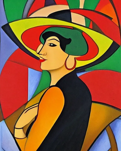 Image similar to a painting of a woman wearing a hat, an art deco painting by auguste herbin, featured on deviantart, qajar art, fauvism, art deco, egyptian art