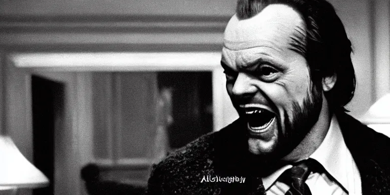 Prompt: photorealistic wide profile master shot cinematography of the character jack torrance played by jack nicholson from stanley kubrick's 1 9 8 0 film the shining sitting at the overlook hotel's gold ballroom bar laughing right at the camera shot on 3 5 mm eastman 5 2 4 7 film by the shining cinematographer john alcott on a 1 8 mm cooke panchro lens.