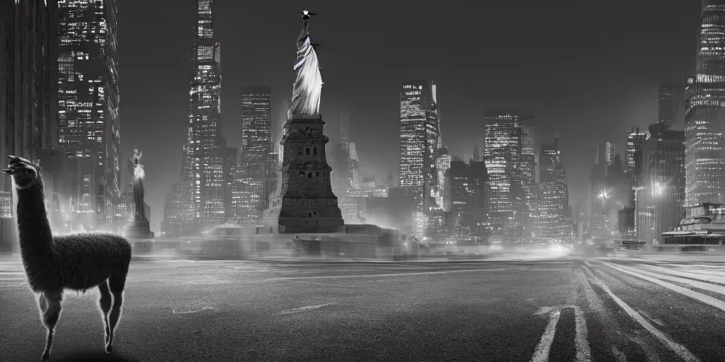 Image similar to a llama walking away from the camera into a desolate manhattan city street at night, statue of liberty seen in the background, realistic 4 k octane beautifully detailed render, 4 k post - processing, highly detailed, detailed face, intricate complexity, epic composition, magical atmosphere, cinematic lighting, masterpiece, ultra hd