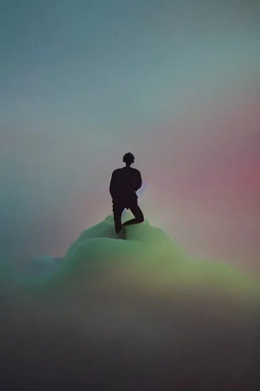 Prompt: high quality pastel coloured film close up wide angle photograph of 2 1 savage wearing clothing resting on cloud furniture in a icelandic black rock!! environment in a partially haze filled dreamstate world. three point light, rainbow. photographic production. art directed. pastel colours. volumetric clouds. pastel gradient overlay. waves glitch artefacts. extreme facial clarity. 8 k. filmic.