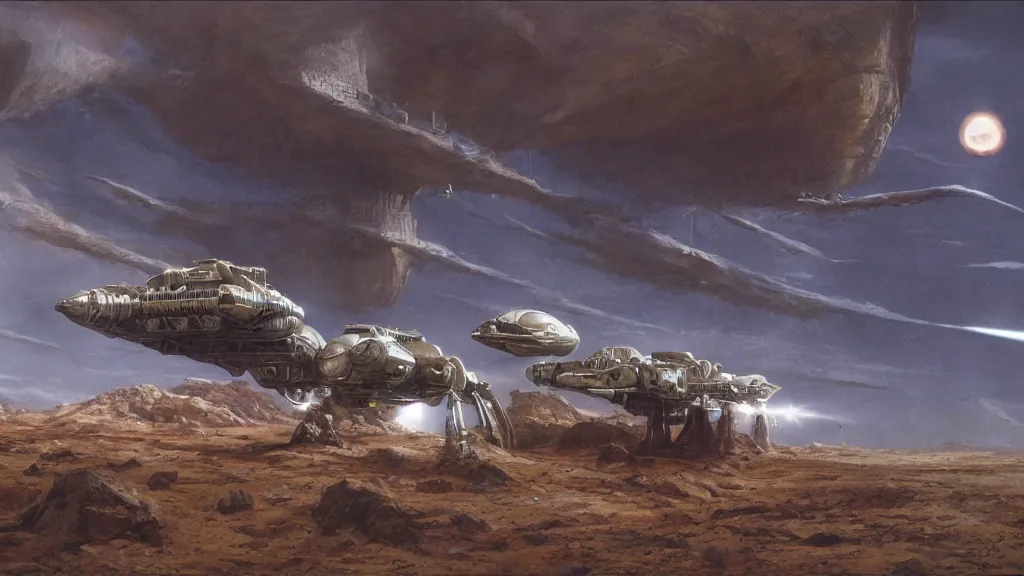 Image similar to small organic dropship lander by john schoenherr and jim burns, epic cinematic matte painting