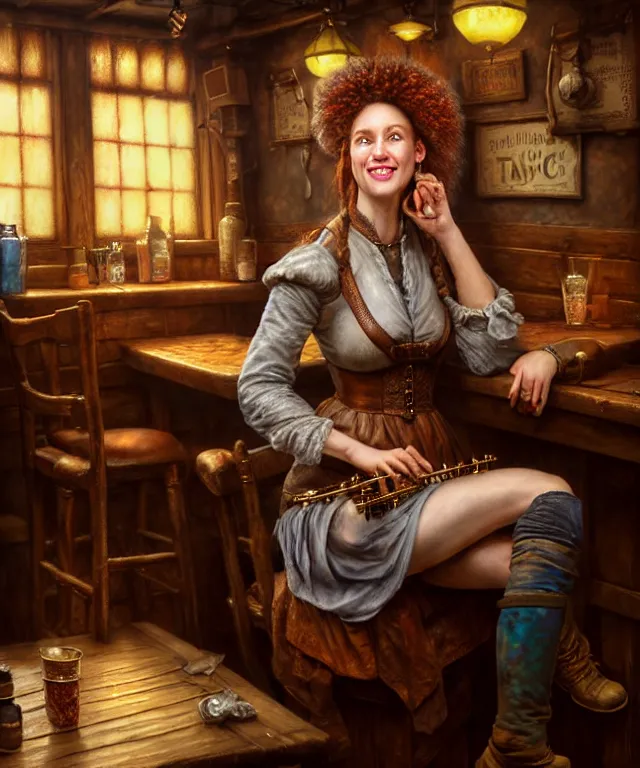 Prompt: hyperrealistic mixed media painting of a grinning female bard, dimly lit cozy tavern, leather tunic, confident relaxed pose, d&d, stunning 3d render inspired art by Tim Okamura and Lise Deharme + perfect facial symmetry + dim volumetric lighting, 8k octane beautifully detailed render, post-processing, extremely hyperdetailed, intricate, epic composition, grim yet sparkling atmosphere, cinematic lighting + masterpiece, trending on artstation, very very detailed, masterpiece, stunning