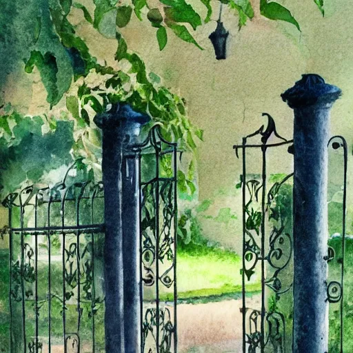 Prompt: out of focus, delicate, chairs, garden, paved, botanic watercolors, iridescent, 8 k, realistic shaded, fine details, artstation, italian, iron gate, tree, mediterranean