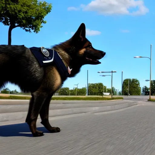 Image similar to police dog german sheperd, 3 d model, cartoony, unreal engine, 4 k, artstation, hyperrealistic, ultra quality, blue uniform, badge on collar, pixar, on a highway offramp