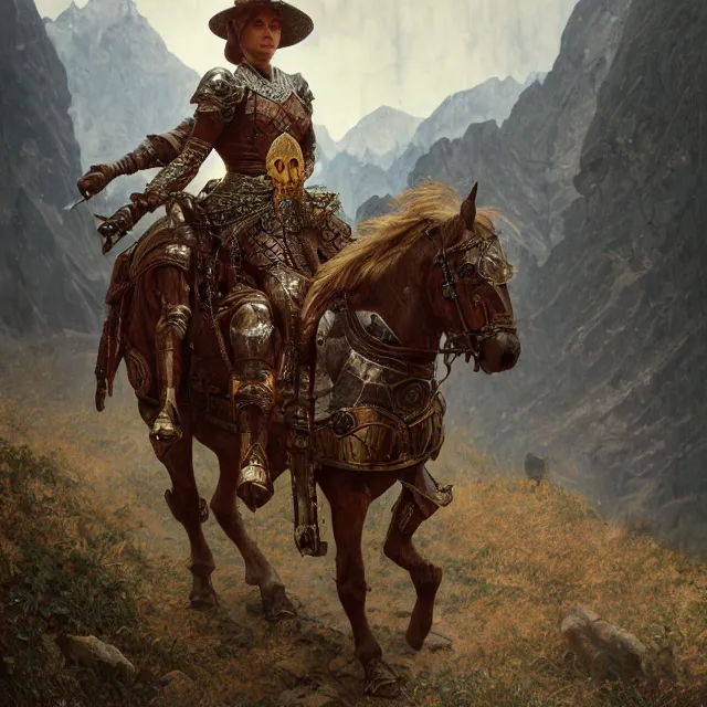 Prompt: ks rothwell wearing scale mail, riding a horse in the mountains on a dark and stormy day, rtx rendering, octane render 1 2 8 k, maya, extreme high intricate details by wlop, medium shot, composition by frank frazetta and alphonse mucha, oil on canvas, bright colors, art nouveau