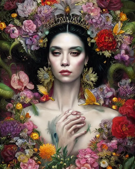 Image similar to portrait of the mexican queen of the underworld, surrounded by flowers by karol bak, james jean, tom bagshaw, rococo, sharp focus, trending on artstation, cinematic lighting, hyper realism, octane render, 8 k, hyper detailed.