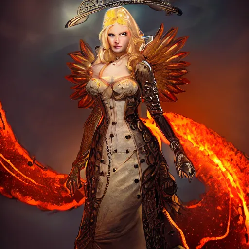 Image similar to pretty blond steampunk seraphim surrounded by lava, 8 k, shallow depth of field, 8 k, ultra high detail, concept art,