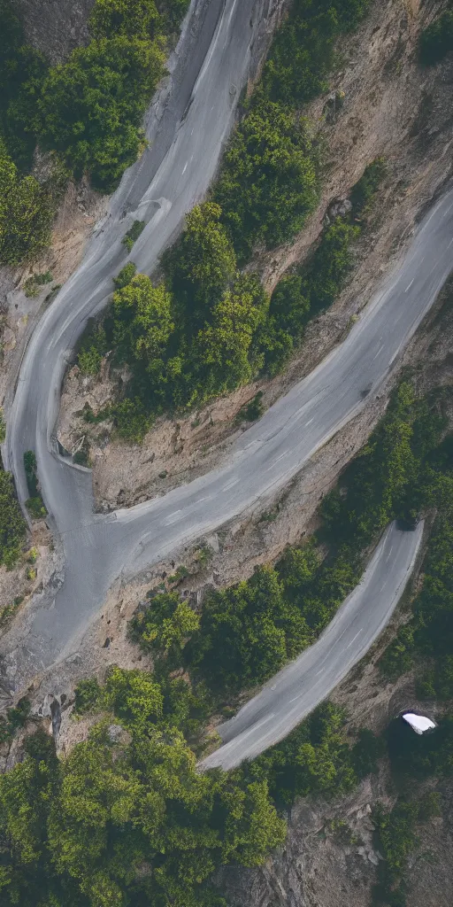 Prompt: detailed dji mavic flying over a mountain road, photo, kodak portra 4 0 0, direct flash, cinematic lighting, anti aliasing