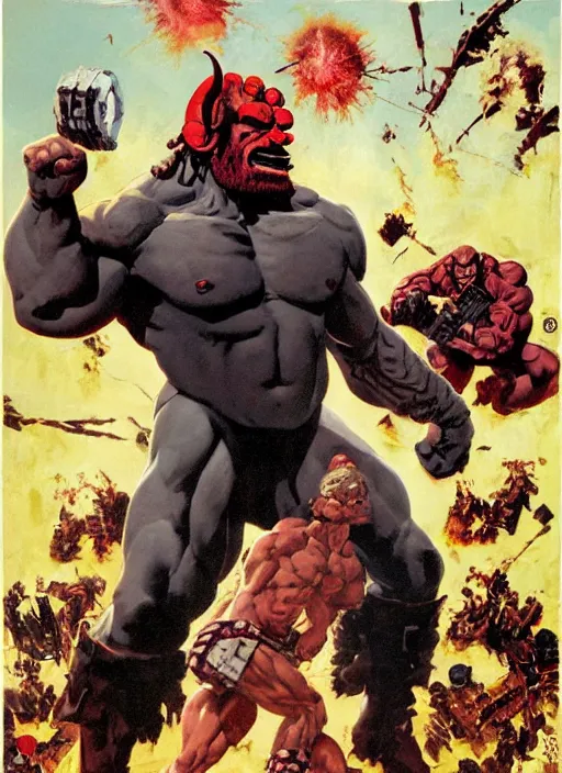 Image similar to full body and head portrait of enormous muscular hellboy wearing tattered trench coat, explosion and debris in the background, dynamic action, painted by norman rockwell and phil hale and greg staples and tom lovell and frank schoonover and jack kirby, movie