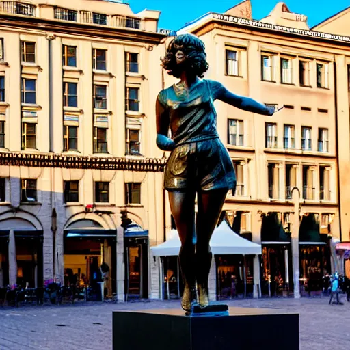 Image similar to a bronze sculpture of taylor swift in the middle of the town square with a pigeon standing on top of it, golden hour, street photography