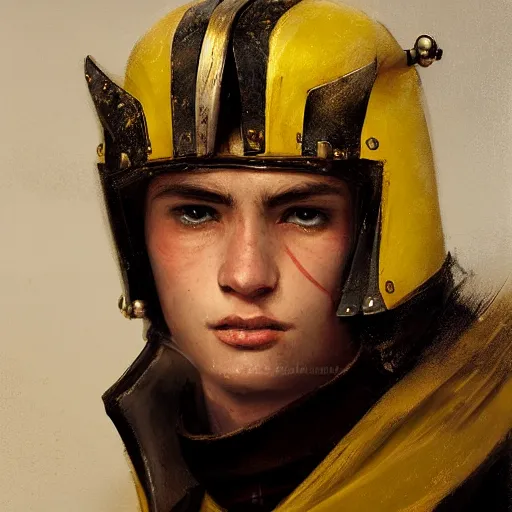 Image similar to Medium closeup young idealistic and pious male Imperial soldier wearing a black and yellow tabard over a gambeson and a steel open helm, by Raymond Swanland Greg Rutkowski Lise Deharm, {perfect face}, {perfect eyes}