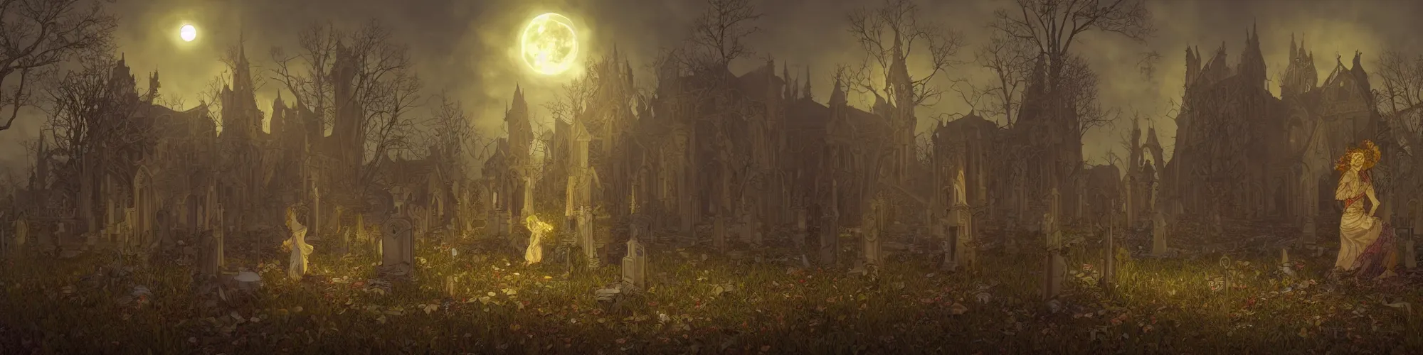 Image similar to an ultra detailed animation of a glowing apparition in a graveyard at midnight on halloween, digital art, dark fantasy, concept art, soulslike, by alphonse mucha, blood moon eclipse, ruined building in the background, artstation, 8 k, unreal engine render