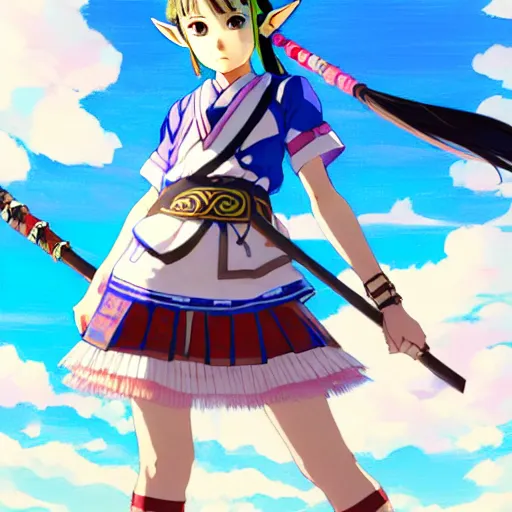 Image similar to a beautiful! boyish! zelda alluring gravure! model, wearing japanese school girl outfit with mayan pattern and native style, aztec street fashion, gapmoe yandere grimdark, trending on pixiv fanbox, painted by greg rutkowski makoto shinkai takashi takeuchi studio ghibli, akihiko yoshida