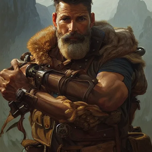 Prompt: portrait of a rugged ranger, handsome, muscular thighs, 40 years old, D&D, fantasy, intricate, elegant, highly detailed, digital painting, artstation, concept art, matte, sharp focus, illustration, art by Artgerm and Greg Rutkowski and Alphonse Mucha