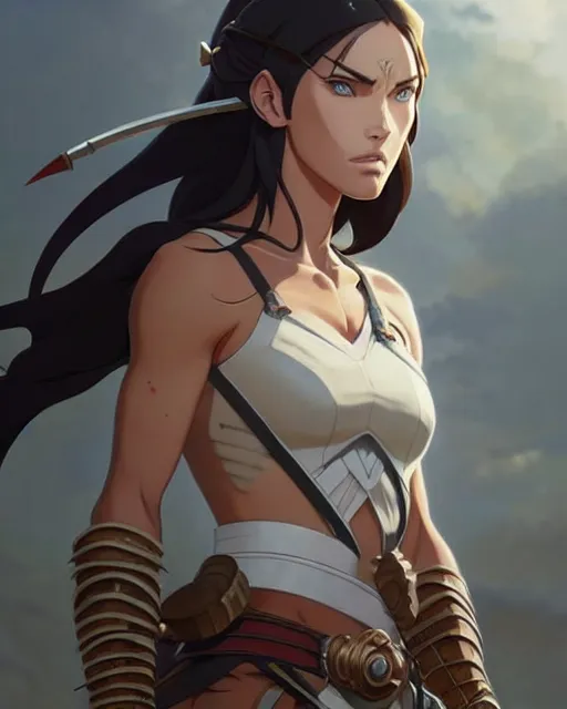 Image similar to azctec warrior, megan fox, detailed perfect face, exquisite details, fire magic, mid view, design on a white background, by studio muti, greg rutkowski makoto shinkai takashi takeuchi studio ghibli