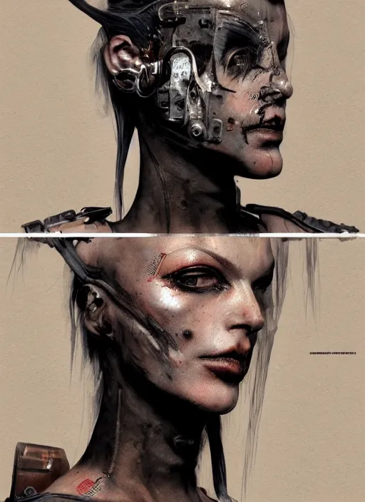 Prompt: female cyberpunk punk mutant rebel posing, character design by enki bilal and nicola samori, close - up of face, very coherent, trending on artstation, 4 k