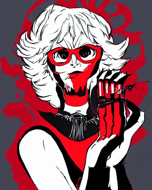 Image similar to An old lady with red skin, red skin, red skinned, in the style of Persona 5, Persona 5, Persona 5 artwork