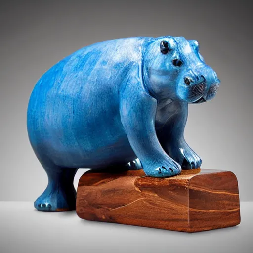 Image similar to a small smooth hippo statue carved from natural wood, dipped in polished blue resin, half and half, mixed media, side view