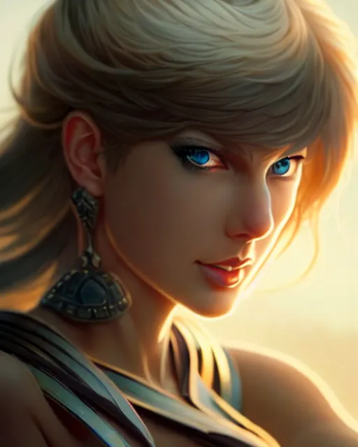 Image similar to azctec warrior, taylor swift, detailed perfect face, exquisite details, fire magic, mid view, design on a white background, by studio muti, greg rutkowski makoto shinkai takashi takeuchi studio ghibli