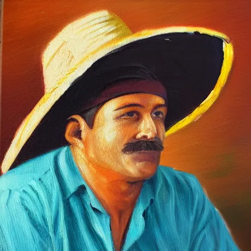 Prompt: warehouse worker wearing a sombrero as an oil painting on canvas