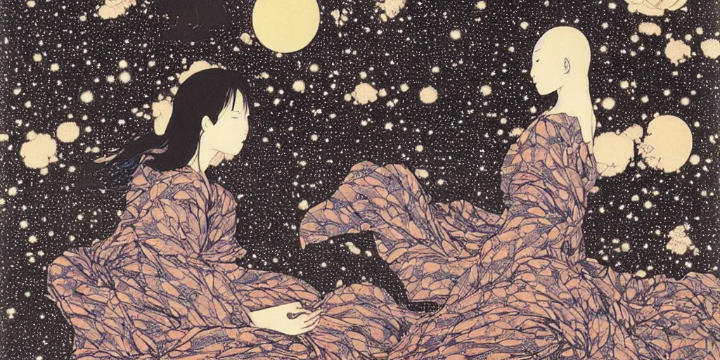 Prompt: stunning river landscape with sky full of galaxies by takato yamamoto