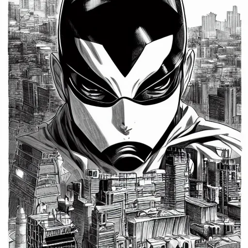 Image similar to Manga illustration of masked super hero, full body and head portrait by Tetsuo Hara. Depth of field, zoom out 35mm camera, awesome cityscape in the background, highly detailed concept art, detailed pencil art by Kengo Hanazawa