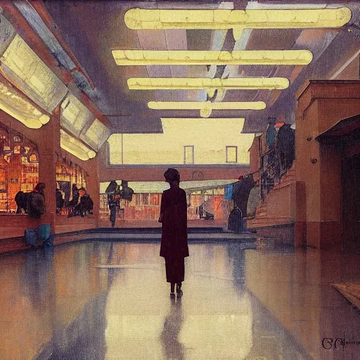Image similar to 1 9 3 0 s detailed oil painting of a woman, cyberdeco cloisters, electronic billboards, tech noir, wet reflections, atmospheric, ambient, livia prima, george tooker, greg rutkowski, wlop, gil elvgren, grant wood, alexis flower, hopper, mucha, whistler, norman rockwell, peter max,