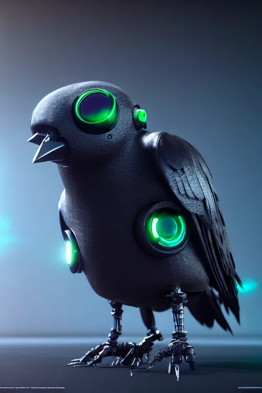 Image similar to high quality 3 d render very cute cyborg crow! incorporated speakers!, cyberpunk highly detailed, unreal engine cinematic smooth, in the style of blade runner & detective pikachu, hannah yata charlie immer, moody light, low angle, uhd 8 k, sharp focus