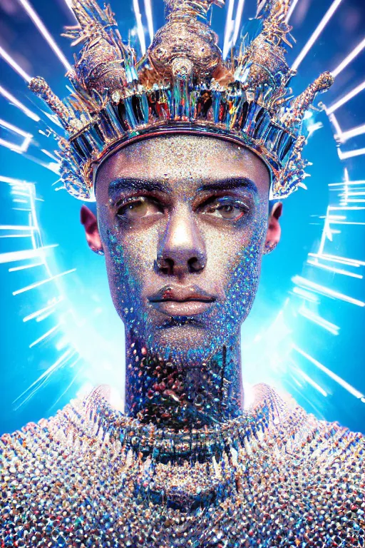 Image similar to hyper detailed ultra sharp portrait of baroque and bladerunner delicate neon diamond sculpture of seductive albino pharaoh zayn malik, diamond blue sphinx iridescent humanoid deity wearing metallic hoody made out of hands holding the sun prismatic dungeon, glowing blue face, crown of white diamonds, cinematic lighting, photorealistic, octane render 8 k depth of field 3 d