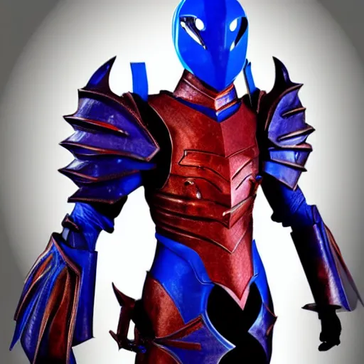 Image similar to High Fantasy Kamen Rider, blue armor with red secondary color, 4k, glowing eyes, daytime, rubber suit, dragon inspired armor, Guyver Dark Hero armor