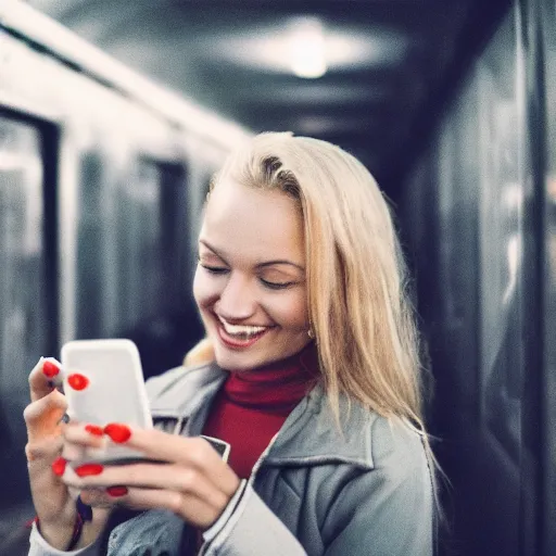 Prompt: blonde woman leaning out of train with a mobile phone in her hand and smiling, cinematic lightning, studio quality, 4 k