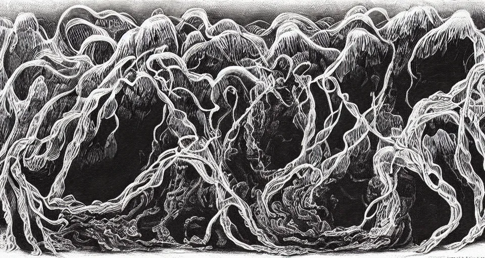 Prompt: a volcano made of ivory vines and crimson rocks enters in eruption, it spits a smoke in the shape of demonic eye, by Charles Addams