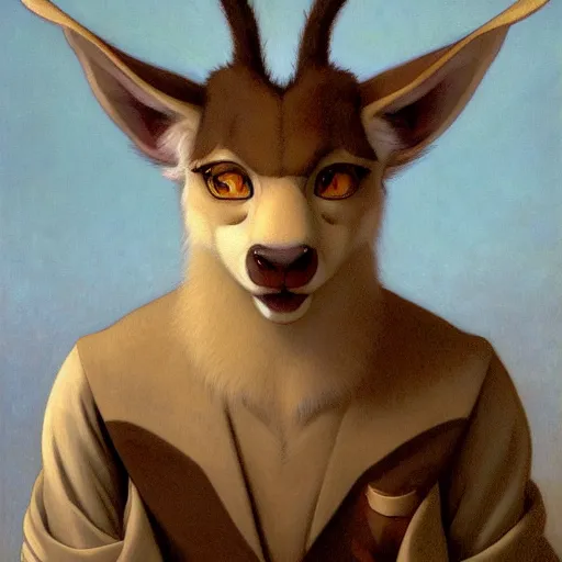 Image similar to a portrait of an anthropomorphic gazelle, furry fursona, in the style of william - adolphe bouguereau and hayao miyazaki and masamune shirow, extremely detailed, wlop