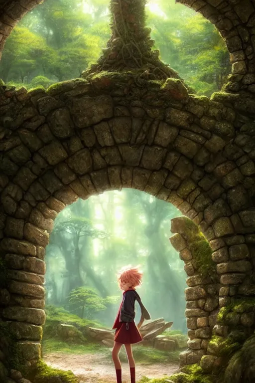 Image similar to a highly detailed matte painting of a teenager with shaggy hair and hip clothes standing in front of a stone gate in the elven forest ruins, by studio ghibli, by artgerm, by wlop, by greg rutkowski, red tones, volumetric lighting, octane render, 4 k resolution, trending on artstation, masterpiece