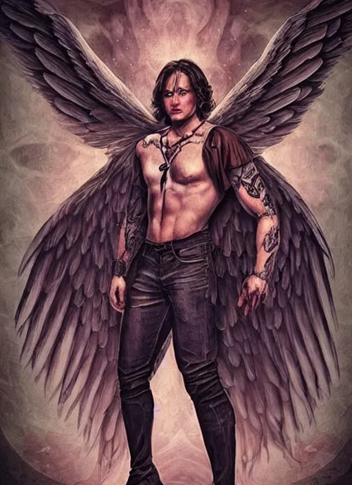 Image similar to Sam Winchester as a aesthetic muscular angel with big open wings, a cross pendant and religious tattoos on chest and neck, stained and bleeding, magic overlays, magic flames, open portal with runes in the background, romance book cover style, D&D illustration!!!!!!!, fantasy style, sharp focus, ultra detailed, art by Artgerm and Peter Andrew Jones, Ayami Kojima, Amano and Olivier Ledroit