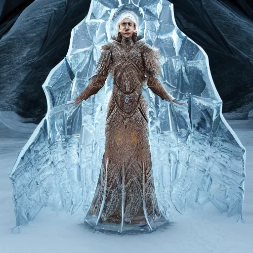 Prompt: a regal brown woman wearing an intricate and detailed armor made of ice. ice caves. glaciers. dramatic shadows. reflections. morning dew. textures. delicate. translucent. studio portrait. photorealistic. octane render