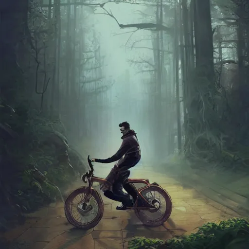 Image similar to man with receding hairline riding bike, intricate, elegant, highly detailed, digital painting, artstation, concept art, matte, illustration, hearthstone, art by artgerm and greg rutkowski and alphonse mucha, simon stalenhag, hyperreal