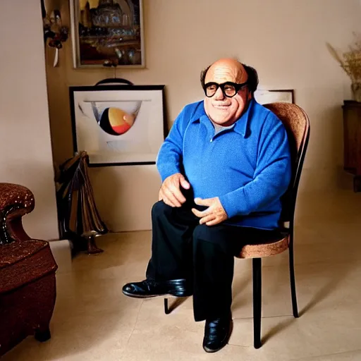 Image similar to danny devito offering you a chair shaped like an egg