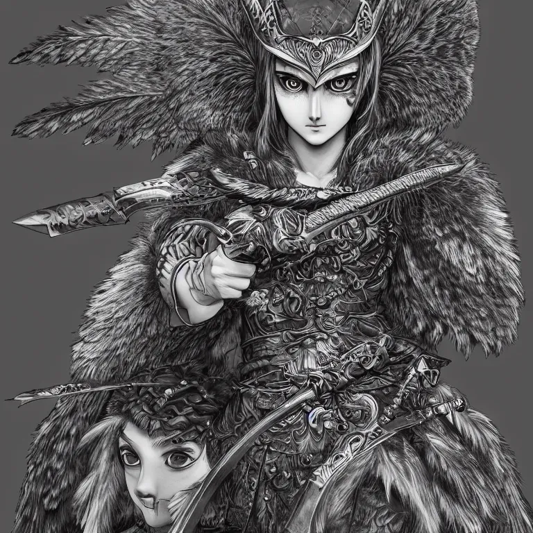 Prompt: female owl warrior, realistic proportions, sharp focus, beautiful face, in feather armor, wielding an owl axe, symmetrical, highly detailed, engraving kentaro miura manga art style trending on artstation 8 k