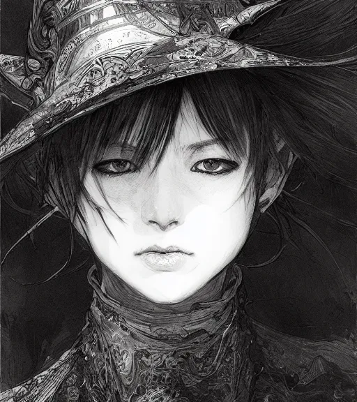 Prompt: portrait of anime woman wearing witch hat, pen and ink, intricate line drawings, by craig mullins, ruan jia, kentaro miura, greg rutkowski, loundraw