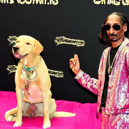 Image similar to Snoop Dogg any sparkly pink sequin jacket petting a golden retriever on a beach at night