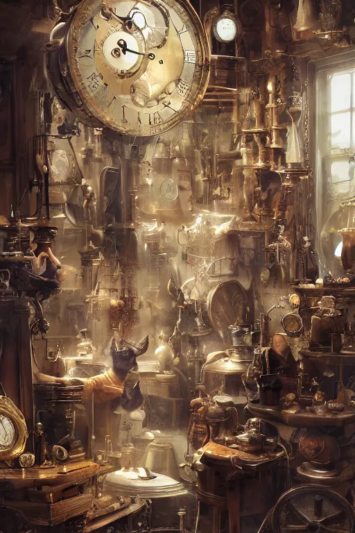 Image similar to Mouse with a pompadour visits the steampunk watchmakers clock workshop by Ruan Jia, concept art, 4k, hyper detailed digital art