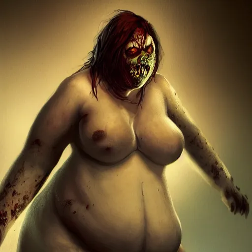 Image similar to angry extremely fat obese giant zombie female, full body portrait, with clothese, horror core, apocalyptic, feeling of grimdark, sharp focus, fiction, hyper detailed, digital art, trending in artstation, cinematic lighting, studio quality, smooth render, unreal engine 5 rendered, octane rendered, art style and nixeu and wlop and krenz cushart