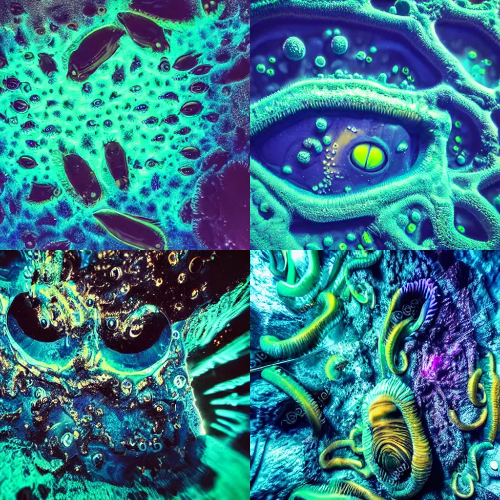 Prompt: Deep sea macro creatures with big glossy eyes. Colorful bioluminescent parts, translucency. Underwater cave on an alien planet. Caustic, shiny dark blue, greenish intricate details. Hyperrealistic macro underwater photography.