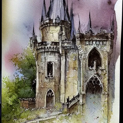 Image similar to (((((((watercolor sketch of Gothic revival castle gatehouse. painterly, book illustration watercolor granular splatter dripping paper texture. pen and ink))))))) . muted colors. by Jean-Baptiste Monge !!!!!!!!!!!!!!!!!!!!!!!!!!!!!!!!!!!!!!!!