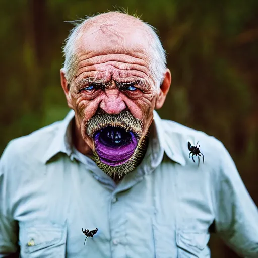 Image similar to National Geographic photo of angry old man with spiders in his mouth