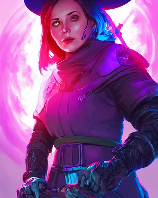 Prompt: A witch wielding a futuristic power staff, digital apex legends illustration portrait, gorgeous lighting, wide angle action dynamic portrait, perspective shot, art by Nick Sullo, Pink and blue palette,